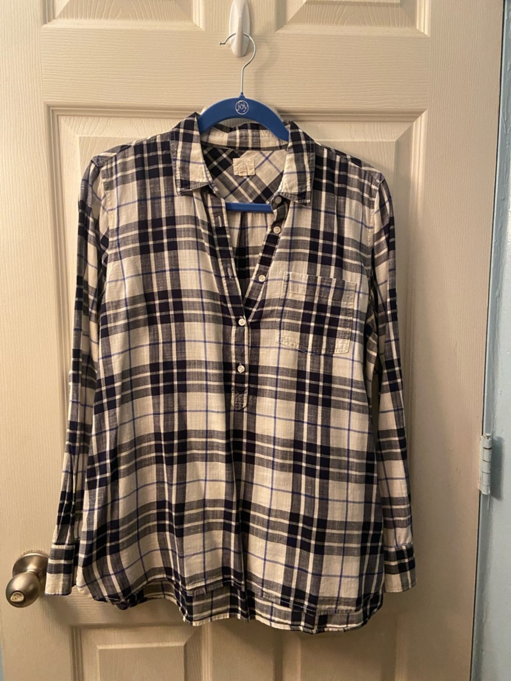 J. Crew Black & Cream blue Plaid Casual 3/4 Button-Down Shirt